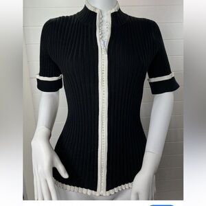 Belldini Black and White Cardigan with Rhinestone Zipper Accent